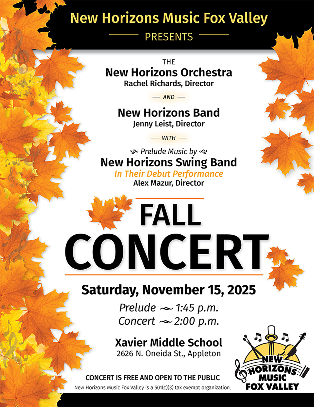 Spring 2025 Concert Poster - New Horizons Music Fox Valley Presents the New Horizons Band and New Horizons Orchestra